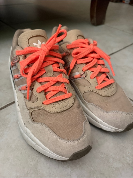adidas Shoes - adidas Kids Tan Suede Sneakers with Bright Orange Laces